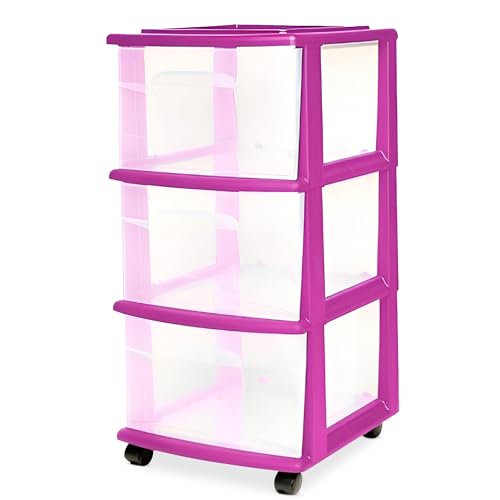 HOMZ Drawer Tower, 3-Tier Storage Cart with Removable Wheels, Purple Frame | Clear Plastic Rolling Drawers for Desk, Dresser, Cabinet, Bedroom, Bathroom, Classroom & Office - color: Purple, size: 1 Pack
