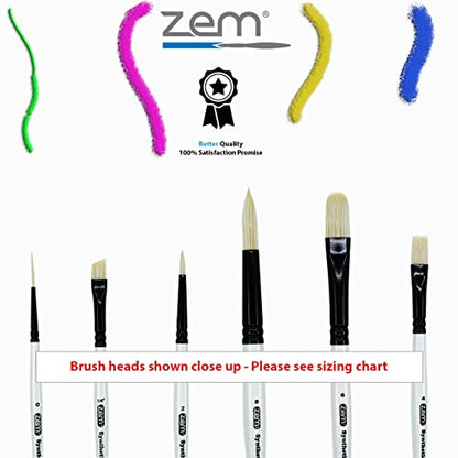 ZEM Brush White Hog Bristle Synthetic Combo Rounds, Flat, Filbert, Angle, Liner Artist Brush Set 6 pcs | Acrylic and Oil