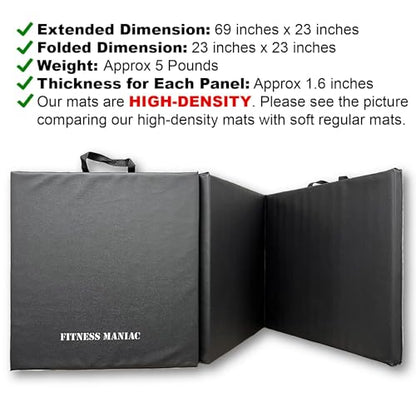 Fitness Maniac New Folding Panel Gymnastics Mat Gym Exercise Yoga Tri Mat Pad Black Exercise Mats USA
