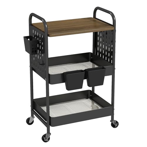 3 Tier Rolling Cart, Metal Storage Cart with Wooden Tabletop, Storage Cart with DIY Pegboards & Locked Wheels, Hooks & Hanging Cups for Any Room, Black - color: Black