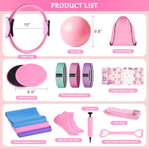 Home Pilates Kit for Women, Pilates Ring Set, Pilates Equipment Kit for Women Home Workouts, Pilates Essentials Kit with Pilates Ring and Ball, Resistance Bands for Strength, Toning, Flexibility - color: Pink-15 inch Ring