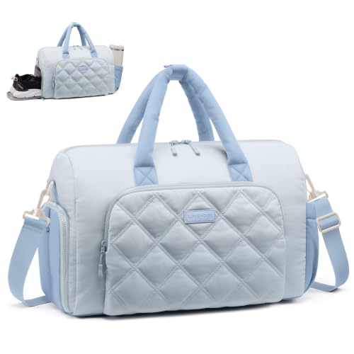 LOVEVOOK Small Gym Bag for Women with Large Water Bottle Pocket,Light Blue | Shoe Compartment,Duffle Bag with Wet Pocket,Overnight Bags,Lightweight Carry on Weekender Duffel for Workout Dance Ballet - color: Light Blue, size: Large