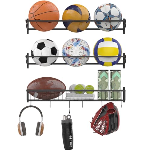 YBING Sports Equipment Organizer with 3 Separate Shelf, Ball Racks for Garage, Garage Sport Equipment Organizer with Hooks,Wall Mount Sports Holder Storage, Black