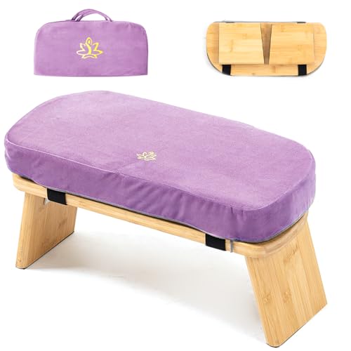 Bamboo Meditation Bench, Foldable Prayer Stool (Purple-Bag) | Meditation Kneeling Bench, Seiza Prayer Bench, Prayer Bench with Meditation Cushion, Kneeling Prayer Stool for Home - color: Purple-bag