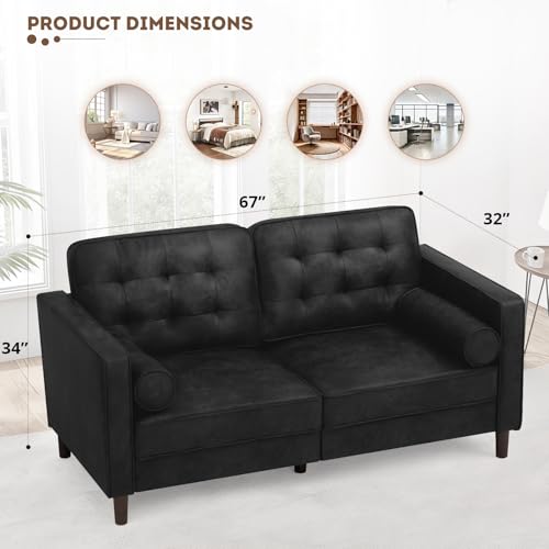 67" Suede Leather 2 Seater Sofa with Two Bolster Pillows, Black - color: Black, size: 67" Loveseat