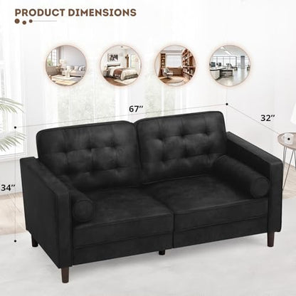 67" Suede Leather 2 Seater Sofa with Two Bolster Pillows, Black - color: Black, size: 67" Loveseat