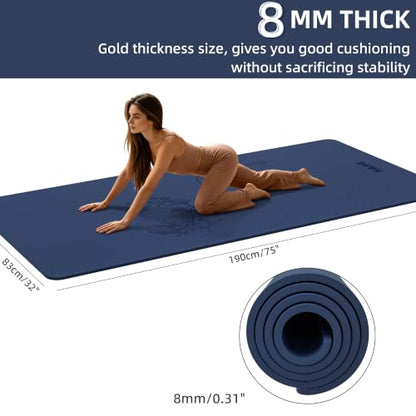 HAHE Extra Wide Yoga Mat, 75"x 32" POE Deer Print Exercise & Fitness Mat | 8mm Thick Large Yoga Mats for Men & Women, Pilates Mat for Home Workout, Non Slip Exercise Mats with Carry Strap - color: Sea blue