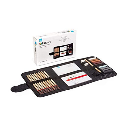 KINGART DRAWING & SKETCHING 25 pc. TRAVEL SET, Graphite, and Charcoal Pencils & Pastels plus Supplies, Art Drawing Kit for Adults, Teens, Beginner to Pro, Ideal for Shading, Blending, 25 pc.