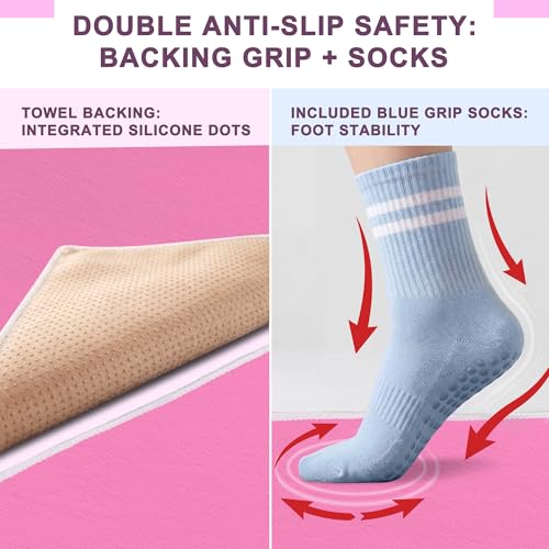 Upgraded Yoga Mat Towel with Bonus Grip Socks, Elegant Embroidered - color: Rose Pink