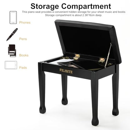Wooden Piano Bench with Storage, Piano Stool with Waterproof Padded Cushion, Bench Seat for Vanity, Living Room, Bedroom (Black) - color: Single-black