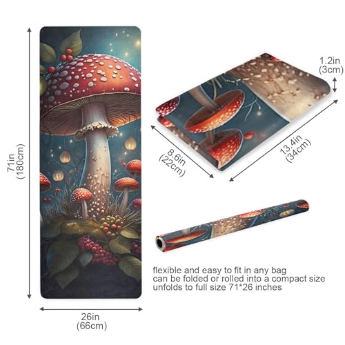 Large Red Mushroom Yoga Mat, 71” x 26” Non-Slip Sports Yoga Mat with Storage Bag, for Indoor and Outdoor Fitness Exercise, Pilates