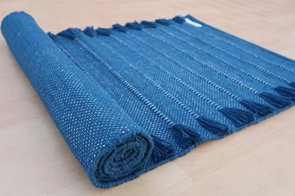 Jaipur Art & Rugs Cotton Yoga Rug - Eco-Friendly Hand-Woven Thick Mat (24”x72”x5mm) for Everyday Fitness at Home - Comfortable & Extra-Long - color: Blue