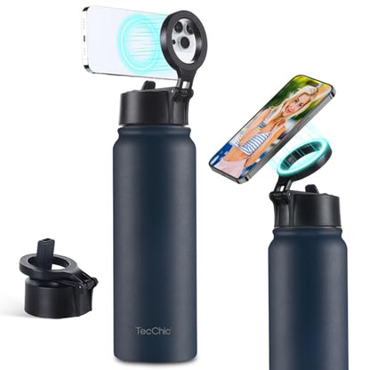 Insulated Water Bottle with Magnetic Phone Holder Compatible with MagSafe and iPhone,Double-Sided Magnet,Hot 12H Cold 24H,Stainless Steel Water Bottle Phone Mount for Sports Travel,27oz (Navy Blue) - color: Navy Blue