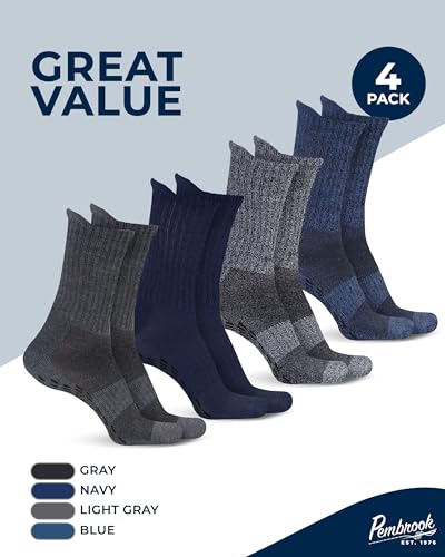 Pembrook Non Slip Crew Grip Socks Men & Women - 4 Pairs | Non Slip Socks for Elderly, Hospital, Pilates, Yoga, Barre, Home - color: Gray, Navy, Blue, Light Gray - 4 Pairs, size: Medium
