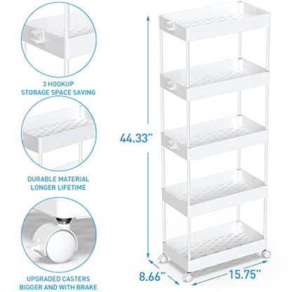 SPACEKEEPER 5 Tier Storage Rolling Cart, Bathroom Cart with Wheels, White - color: White, size: 5 Tier