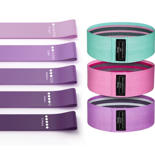 Bundle Set of 8 Resistance Bands for Workout, 5 Latex Exercise Bands and 3 Fabric Booty Bands with 2 Portable Bags