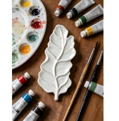 Leaf-Shaped Ceramic Paint Palette White Painting Tray Artist Porcelain Mixing Dish for Watercolor, Acrylic, Painter's Gift Painting Holder