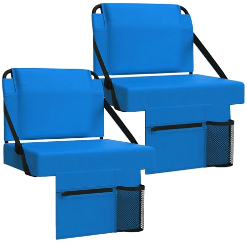 2pcs Stadium Seat for Bleachers with Back Support，Portable Bleacher Chairs with Back and Cushion，Includes Shoulder Strap and Cup Holder - color: Blue,2 Pack