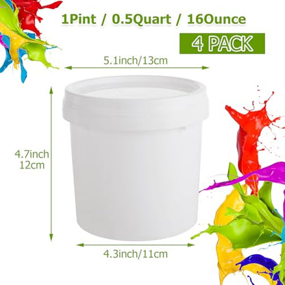 4 Pack Small Paint Bucket for Painting Pint Touch Up Paint Containers with Lids Empty Paint Cans Plastic Paint Storage Containers 1/2 Quart Paint Cans Hand Held Paint Pail for Leftover Paint