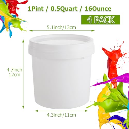 4 Pack Small Paint Bucket for Painting Pint Touch Up Paint Containers with Lids Empty Paint Cans Plastic Paint Storage Containers 1/2 Quart Paint Cans Hand Held Paint Pail for Leftover Paint