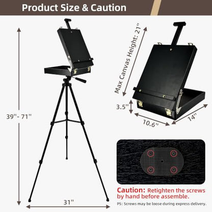Black French Style Easel Sketch Box with Aluminum Tripod | Lightweight Black Aluminum Tripod, Adjustable Portable Plein Air Easel for Outdoor Painting, Sketching & Painting - color: Black