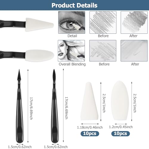 AGPTEK 48 PCS Sketch Drawing Tools, 20 Blending Stumps Set | 2 Sandpaper Pencil Sharpeners, Pencil Extension, Erasers,20 sponge replacement heads & 1 Felt Bag for Student Sketch Draw