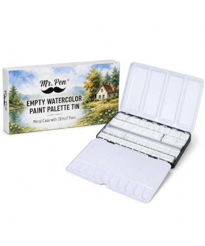 Mr. Pen- Empty Watercolor Paint Palette Tin, Metal Case with 28 Half Pans | Compact Portable & Refillable Travel Watercolor Palette Tin for Acrylic Painting, Gouache & Travel Painting