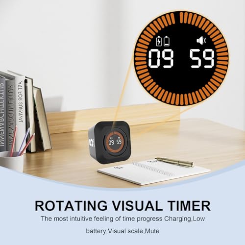 Rotating Cube Visual Pomodoro Timer 5, 25, 10, 50 Min Preset+Custom Mode | Rechargeable Cube Desk Productivity Flip Timer with Custom, Detachable Silicone Case, Ideal for ADHD Tool Study Work School - color: Black