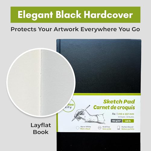 Cantoo City A4 Sketchbook, Professional Grade, Black Hard Cover Sketch Book, Art Drawing Book, Wood Free, Off White Thick Paper, Sketch Pad, Dry Media 100 Pages -160g/M² (108 Lb)
