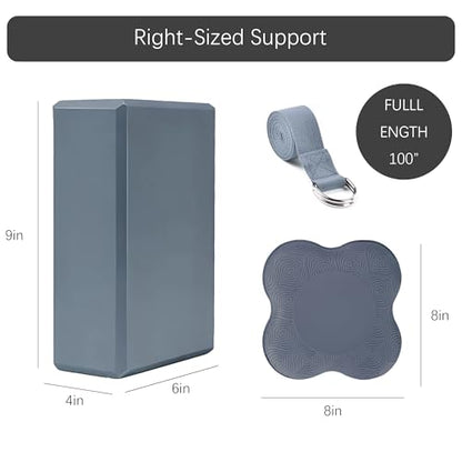 2 Yoga Blocks Supportive Accessories including 2 Knee Pads, 2 With Strap To Put Less Weight On Wrists, 1 Muscle Massage Roller, 2 Pair of Non-Slip Pilates Socks, 1 GYM Bag, Durable Versatile Yoga Brick Exercise Set of 10 - color: Grey
