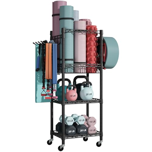 FUTASSI Home Gym Storage, 3 Tiers Workout Equipment Organizer with Wheels for Yoga Mats, Foam Roller, Dumbbells, Kettlebells, and Resistance Bands - color: Black, size: Single-Row