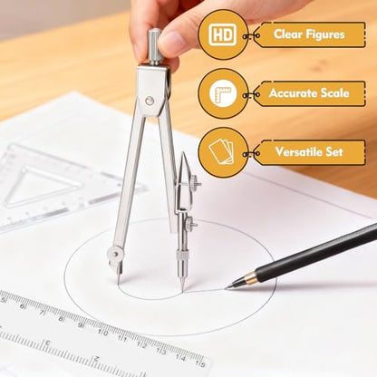7Pcs Geometry Set-Clear Plastic Rulers,Triangle Ruler,Protractor,Compass | 12Inch & 6Inch Ruler Set for School Office Math Drawing Drafting Engineering Architecture Art