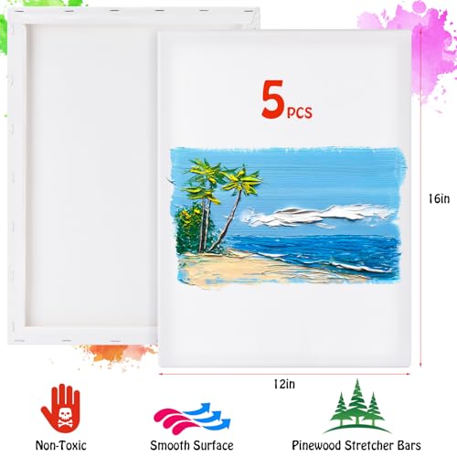 Stretched Canvas for Painting - 12x16 Inch/5 Canvas Value Pack - Triple Primer Acid Free 100% Cotton Blank Canvas for Painting Supplies Oil and Acrylic Pouring Art Watercolor - size: 5 Pack - 12x16 Inches