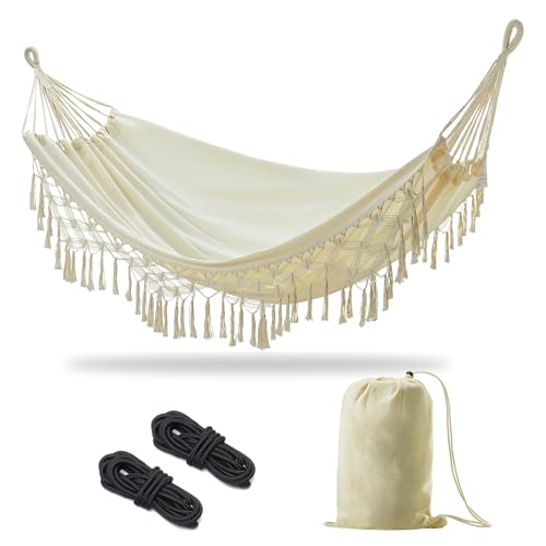 JoyView Boho Macrame Double Hammock with Hanging Ropes & Elegant Tassels 86.6x59 Portable Cotton Hammock for Patio Backyard Porch 450LBS Weight Capacity Perfect for Outdoor/Indoor - Beige Color - color: Natural White With Tassel