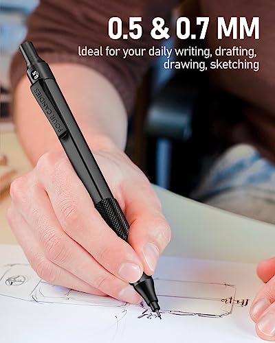 2PCS Metal Mechanical Pencil Set, 0.5mm+0.7mm, Storage Case, Black＆Silver | 360 Lead Refills, 3 Erasers, 9 Eraser Refills, Smooth Writing, Anti Grip, for Sketching, Technical Drawing, Art Projects - color: Silver+Black (2PCS)