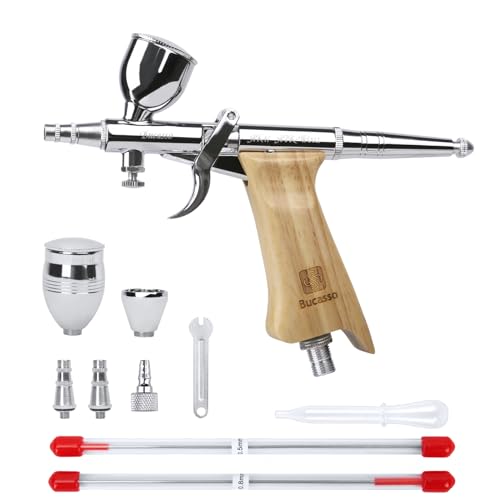Bucasso Airbrush Kit, Air Brush Spray Gun with 0.3mm/0.5mm/0.8mm Needles/Nozzle Sets, 3cc/7cc/11cc Replaceable Fluid Cup for Painting Model Nails Cake Tattoo Makeup - color: W002-Burlywood