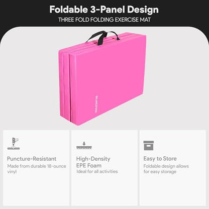 BalanceFrom 6x2 Feet 3-Panel Folding Gymnastics Mat – 1.5-Inch Thick Pad with Vinyl Surface and Carrying Handles for Tumbling, Yoga, Pilates, Home Workouts, and Martial Arts - color: Pink