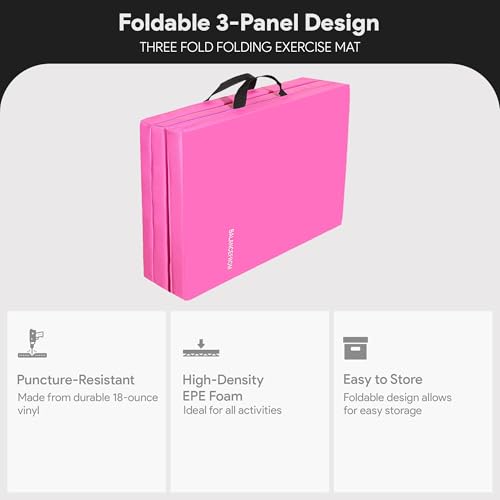 BalanceFrom 6x2 Feet 3-Panel Folding Gymnastics Mat – 1.5-Inch Thick Pad with Vinyl Surface and Carrying Handles for Tumbling, Yoga, Pilates, Home Workouts, and Martial Arts - color: Pink