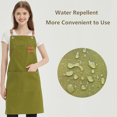 AFUN Chef Aprons for Women Men with Oversized Pockets, 12-Ounce Cotton Canvas Cross Back Water Repellent Apron (Army Green) - color: Army Green