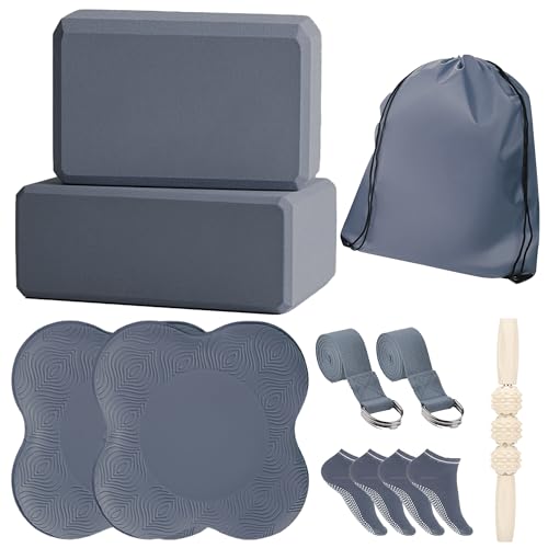 2 Yoga Blocks Supportive Accessories including 2 Knee Pads, 2 With Strap To Put Less Weight On Wrists, 1 Muscle Massage Roller, 2 Pair of Non-Slip Pilates Socks, 1 GYM Bag, Durable Versatile Yoga Brick Exercise Set of 10 - color: Grey