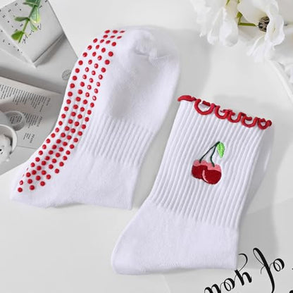 Women's Pilates Grip Socks, Ruffle Non Slip Bow Pattern Yoga Socks | Grippy, Frilly Trim, Embroidery, Crew Length, Soft Cotton, Arch Support, for Barre Ballet Dance Workout Hospital Home Gifts - color: E01-white(cherry) + White(avocado)