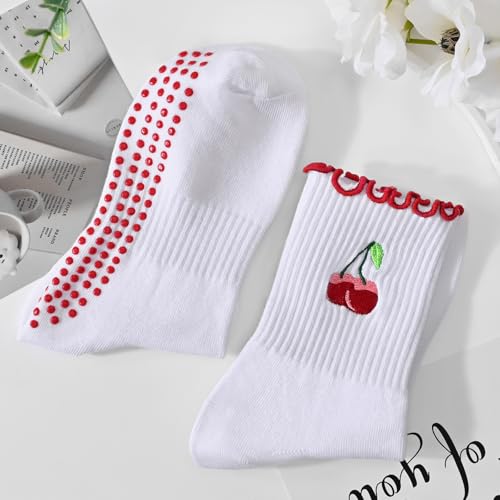 Women's Pilates Grip Socks, Ruffle Non Slip Bow Pattern Yoga Socks | Grippy, Frilly Trim, Embroidery, Crew Length, Soft Cotton, Arch Support, for Barre Ballet Dance Workout Hospital Home Gifts - color: E01-white(cherry) + White(avocado)
