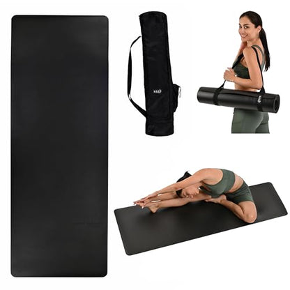 Yoga Mat 5mm Thick – Non Slip Exercise Workout Pad, PU Natural Rubber Grip, Extra Large 183x68 cm, Pilates Fitness Training, Includes Strap & Carry Bag - color: BLACK