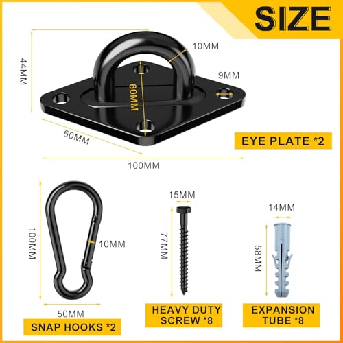 Morzejar Heavy Duty Black Hammock Hooks Screws Bolts Included, Over 1700 lb Rust-Resistant Swing Hook Hardware, M10 Hanging Kit for Porch Yoga Seat Trapeze (Indoor/Outdoor)