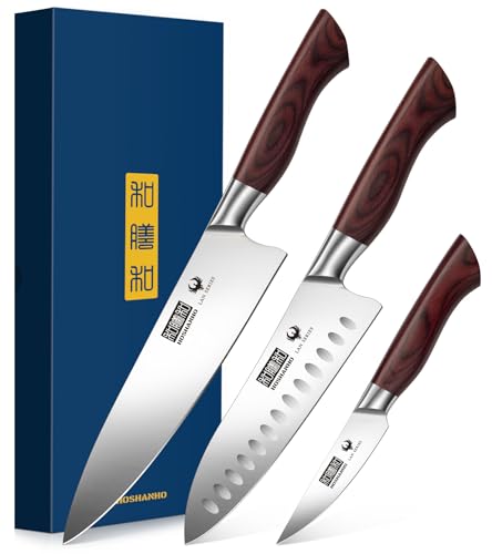HOSHANHO 3PCS Kitchen Knife Set, Ultra Sharp Chef/Santoku/Paring Knives | Professional Japanese High Carbon Steel Cooking Knife Set with Ergonomic Wood Handle, Ideal Gift for Family and Restaurant - size: 3 Pieces Knife Set