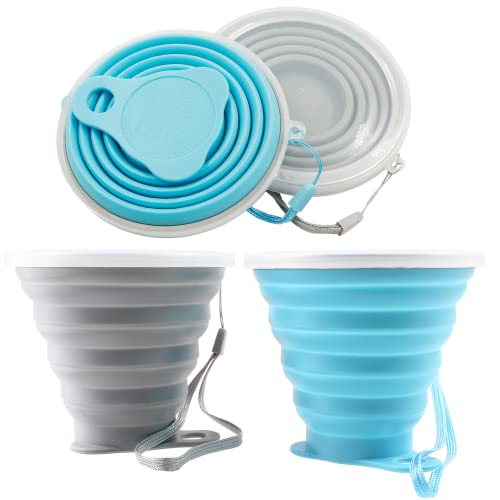 Litoexpe 2 Pack Silica gel Collapsible Travel Cup 270ml, Grey & Blue | with Lids, Portable Folding Camping Cup, for Camping and Travel - color: Grey & Blue