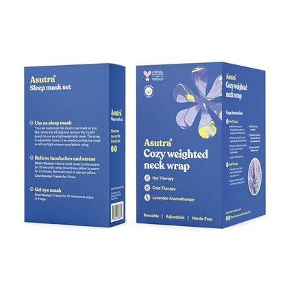 ASUTRA Navy Silk Eye Pillow and Plush Gray Weighted Neck Wrap Bundle Set, 2 | Products - Weighted Eye Mask Filled w/Lavender & Flax Seeds, Hands-Free Microwaveable Heat Pad and Cooling Neck Wrap - color: Navy Eye Pillow and Neck Wrap Bundle
