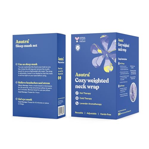 ASUTRA Navy Silk Eye Pillow and Plush Gray Weighted Neck Wrap Bundle Set, 2 | Products - Weighted Eye Mask Filled w/Lavender & Flax Seeds, Hands-Free Microwaveable Heat Pad and Cooling Neck Wrap - color: Navy Eye Pillow and Neck Wrap Bundle
