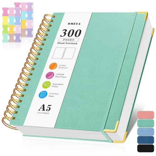 Blank Spiral Notebook: Leather Sketch Book, Unlined Notebook for Women Men | 300 Pages, Hardcover 100GSM Thick No Bleed Paper Journal, A5 Small Art Sketchbook for Drawing Writing Work, 5.5" x 8", Green - color: Green, size: A5