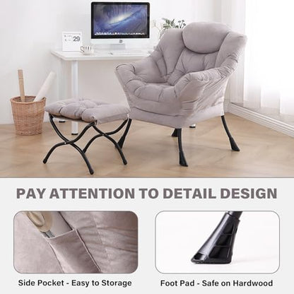 Tiita Modern Lazy Chair with Ottoman, Large Accent Armchair, Leisure Sofa Armchair with Footrest for Bedroom, Living Room, and Dorm Rooms | Foldable Footrest, Padded Seat and Backrest, Side Pocket for Lounging in Living Rooms, Bedrooms, Dorms and Small Sp